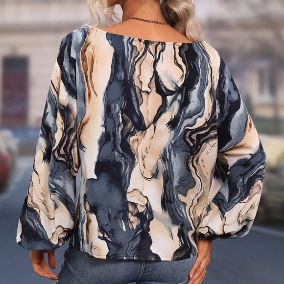 (Out Of Stock) Blue Printed Boat Neck Top - Picture 4 of 6